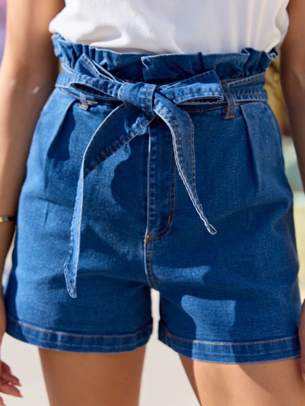 Pink Lily High-Rise Paperbag Denim Shorts with Belt - Blue